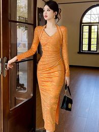 Casual Dresses French Celebrity Midi Dress Women Sexy Chit Orange Shiny Silk Elastic Halter Folds Slit Bodycon Robe Femme Party Vestidos