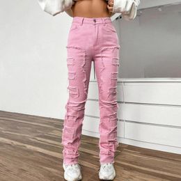 Women's Jeans Women Denim Embroidered Straight Leg Pants Stretch Patch Stacked For Jean 18