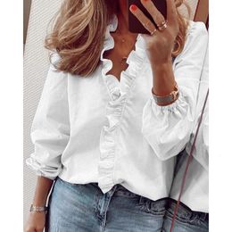 White Blouse Women Chiffon Ruffles Solid Loose Fit Womens Tops And Blouses Casual V Neck Lantern Sleeve Plus Size Shirts Tunic 240320