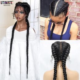 Wigs 36 Inches Long Lace Front Synthetic Braided Wigs Lace Front Twins Cornrow Braided Wig for Black Women with Baby Hair Middle Part