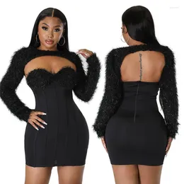 Casual Dresses 2024 Spring Sexy Girl Mini Pencil Dress 2 Piece Strapless Little Dress&Long Sleeve Vest Pullover Two Set For Women