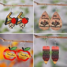 Dangle Earrings Teaching Tools Apple Leopard Pencil Double Sided Wood Ear Ring I Am Reading Teacher Student Gift Wholesale