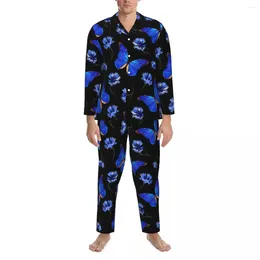 Men's Sleepwear Pyjamas Men Blue Butterfly Room Nightwear Floral Print 2 Piece Casual Pyjama Sets Long Sleeve Fashion Oversize Home Suit