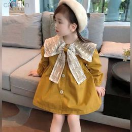 Girl's Dresses Baby doll collar loose trench coat 2023 spring/summer new Korean childrens bow princess dress girl childrens dress 24323