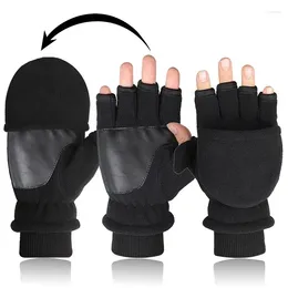 Cycling Gloves Winter Warm Fingerless Convertible Thermal Mittens Windproof Polar Fleece Men Women Double-layer Flap