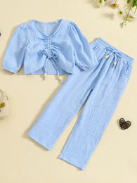 Clothing Sets Toddler Girl S 2-Piece Linen Outfit Drawstring Crop Top And Stretch Pants For Fall Spring