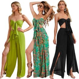 Women's designer new off-the-shoulder sexy wrap chest strap open loose wide leg pants casual two-piece set