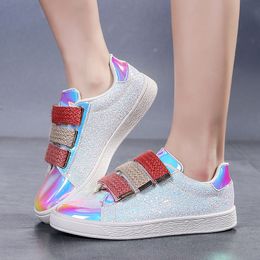 Velcro small white shoes with laser leather surface casual board shoes sequin flat soled womens shoes spring summer designer outdoor jogging shoes Size 36-41