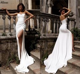 Boho Simple Mermaid Wedding Dresses Sparkly Crystals Sheer Neck Pleated Elegang Bridal Gowns Sexy Thigh Split Court Train Bride Recepton Dress Robes CL3411