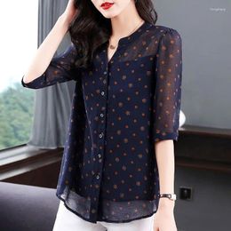 Women's Blouses Clothing Stylish Polka Dot Printed Blouse 2024 Summer Casual 3/4 Sleeve All-match Straight Elegant V-Neck Spliced Shirt