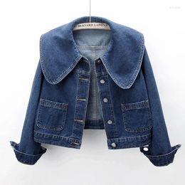 Women's Jackets Fashion Women Denim Korean Sailor Collar Long Sleeves Button Jean Coat Vintage Crop Female Casual Loose Outwear