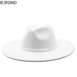 Wide Brim Hats Bucket Hats 9.5CM womens wide Brim imitation wool Fedora hat British style winter gentleman elegant womens jazz church hat 24323