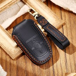 Car Key Leather Case Er Fob Holder Keyring Shell For Ford Mondeo Mustang Raptor F150 Fusion Edge Expedition L69 Drop Delivery Mobile Dh3Ws