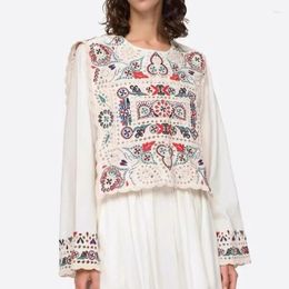 Women's Blouses 2024 Early Spring Colourful Embroidered Hollow Round Neck Long Sleeve Women Blouse