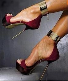 Dress Shoes Big Metal Ankle Strap High Heel Sandals Heels Blue Burgundy Satin Platform Cut-out Gladiator