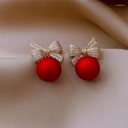 Stud Earrings Luxury Gold Colour Zircon Bowknot For Women Pearl Cherries Fruit Red Festive Earring Girls Christmas Jewellery Gifts