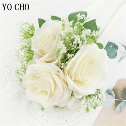 Ivory Rose Babysbreath Artificial Flowers Bouquet Silk Gypsophila Fake Flower Wedding DIY Home Table Vase Decoration Faux Flores 240308