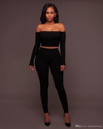 New Women Designer Sportswear Long Sleeve Off Shoulder Sweat Shirt Pants Tracksuit Hoodie Legging 2 Piece Set Bodycon Outfits Hot Streetwear 006