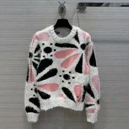 Women's Sweaters Autumn Sweet Pink Black Floral Jacquard Weave Mohair Sweater Women O-neck Long Sleeve Diamonds Button Cute Knitted Pullover