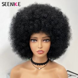 Wigs Afro Kinky Curly Wig With Bangs Short Fluffy Hair Wigs For Black Women Synthetic Ombre Glueless Cosplay Natural Brown Black Pink
