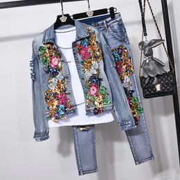 European Style Denim Suit Fashion Outfit Women Flower Sequined Jacket Short Jeans Pants TwoPiece Set Female 240321