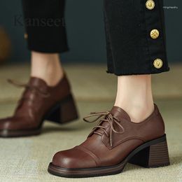 Dress Shoes Kanseet Women 2024 Autumn Round Toe Thick High Heels Genuine Leather Pumps Casual Handmade Ladies Footwear Brown 40