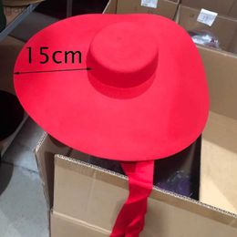 Wide Brim Hats Bucket Hats Red super wool hat oversized 15cm large brick light top soft top for men and women flat top new large brick hat 24322