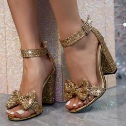 Dress Shoes Women Fashion Shiny Crystal Bowknot Pumps 2024 Summer Thick Heels Party Woman Gold Sequin Pointed Toe Sandals