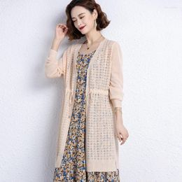 Women's Knits Ice Silk Cardigan Mid-length Spring And Summer Hollow Drawstring Sweater Thin Sunscreen Outer Wear