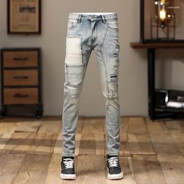 Men's Jeans Street Fashion Men Retro Light Blue Spliced Designer Stretch Skinny Ripped Patched Hip Hop Denim Pencil Pants