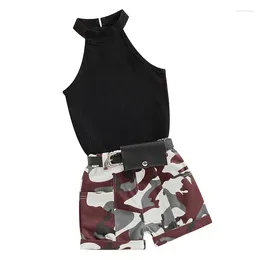 Clothing Sets Kids Girl Summer Outfits Solid Colour Ribbed Knit Halter Tank Tops Camouflage Shorts Belt Bag 3Pcs Clothes Set