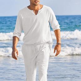 Men's Tracksuits Mens Soft 2PCS Tracksuit Summer Cotton Linen Clothes Sets Henley Shirt Drawstring Pants 2 Pieces Loungewear Set