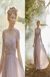 Dusty Pink Long Bridesmaid Dresses Pleated Chiffon Short Sleeves Boho Maid of Honour Gowns Wedding Guest Dresses9517976