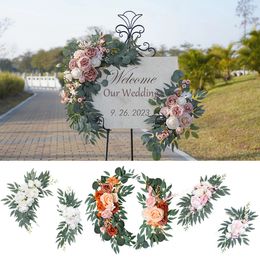 Yan Artificial Wedding Arch Flowers Kit Boho Dusty Rose Blue Eucalyptus Garland Drapes for Decorations Welcome Sign 240308