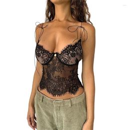 Women's Tanks Women Sexy Sleeveless See Through Eyelash Flower Lace Crop Top Tie Straps Low Cut V-Neck Bodycon Camisole Vests Lingerie