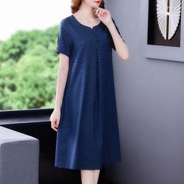 Party Dresses Summer Blue Natural Silk Polka Dot Midi Dress Women Short Sleeve Elegant Loose Waist 2024 Korean Vintage Casual