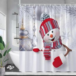 Shower Curtains Funny Snowman Christmas Silver Fir Branch Xmas Balls Year Wall Hanging Fabric Home Bathroom Decor With Hooks