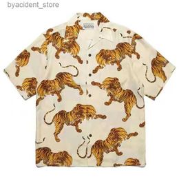 Men's Casual Shirts Summer New Tops WACKO MARIA 1 1 High Quality Tiger Totem Print Hawaiian Short Sleeve Shirt Men Women Leisure Lapel Collar Tees L240320