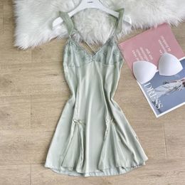 Women's Sleepwear Green Women Summer Mini Nightdress Spaghetti Strap Lace Ruffles Nightgown Sexy Rayon Home Sleepshirts M-XL Lingerie