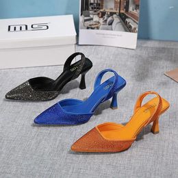 Slippers 2024 Summer Blue Orange Slides Women 8cm High Heels Mules Bling Crystal Rhinestone Luxury Mom Slingback Shoes