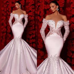 2024 African Mermaid Wedding Dress For Bride Illusion Bridal Gowns Off Shoulder Long Sleeves Beaded Lace Pearls Decorated Wedding Gowns For Nigeria Black Women D169