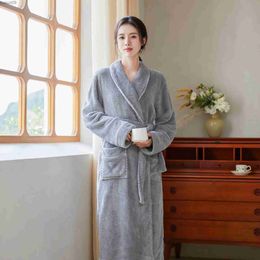 home clothing Winter new coral velvet long kimono bathroom robe warm thick pajamas womens lapel flannel pajamas casual loose fitting pajamasL2403