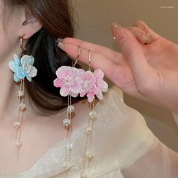 Dangle Earrings Double-sided Crystal Pink Flower Tassel Drop For Women Exaggerated Sweet Fashion Jewelry