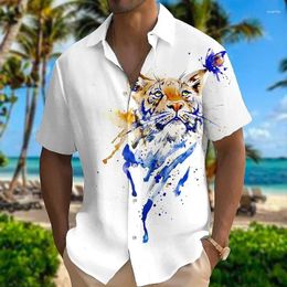 Men's Casual Shirts Shirt Short Sleeve Hawaiian White Graffiti Color Lapel Button Tiger Ink Painting 2024 Spring Summer XL