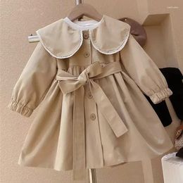 Jackets 2024 Spring Autumn Girls Jacket Long British Style Solid Color Doll Collar Single Breasted Windbreak Kids Fashion Coat 2-8Y