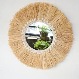 boho Home Furnishing Forest Rattan Decorative wall mirrors Raffia Woven Wooden Bead Tapestry Living Room 240322