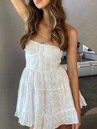 Casual Dresses Women Summer A-line Dress Lace Strapless Boat-Neck Wrap Chest Tie-Up Sweet Backless Mini