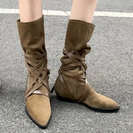 Boots New High Quality Pleated Boots Women Black Nude Faux Suede Flock Knee High Boots Ladies Flat Autumn Winter