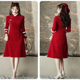 Casual Dresses Sexy Women Vintage Chinese Year Traditional Clothes Long Sleeve Cheongsam Dress Red Qipao Cocktail Fall Spring Thicken Party