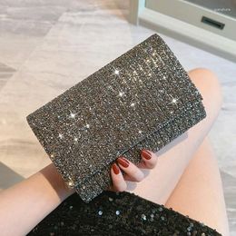 Drawstring 2024 Black Silver Rhinestone Envelope Bag For Women Banquet Party Fashion Clutches Small Handbags With Chain Shoulder